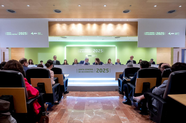 El presidente del Consejo de AENA, Maurici Lucena, durante una Junta General de Accionistas de Aena en la Terminal T4 del Aeropuerto Adolfo Suárez Madrid-Barajas, a 9 de abril de 2025, en Madrid (España).