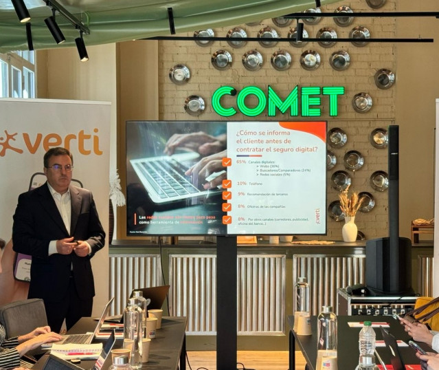 El consejero delegado de Verti, y director del negocio digital de Mapfre, Juan Pablo Galán en la presentación de Observatorio del Seguro Digital en España, a 9 de abril de 2025 en Madrid.