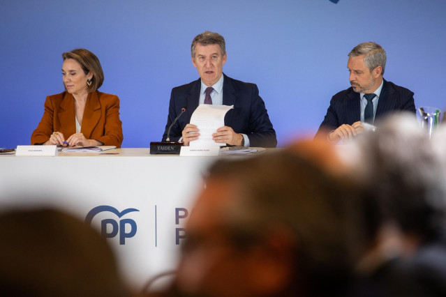 La secretaria general del PP, Cuca Gamarra; el presidente del PP, Alberto Núñez Feijóo, y el vicesecretario de Economía del PP, Juan Bravo,