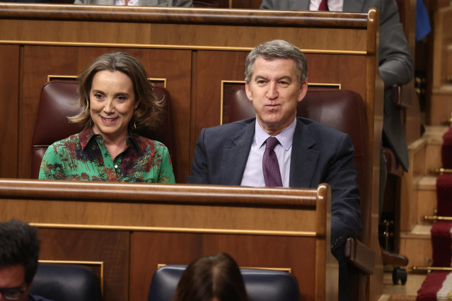 Archivo - La secretaria general del PP, Cuca Gamarra, y el presidente del PP, Alberto Núñez Feijóo, durante un pleno en el Congreso de los Diputados, a 19 de febrero de 2025, en Madrid (España).
