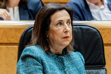 La ministra de Defensa, Margarita Robles, durante una sesión de control al Gobierno, en el Senado, a 22 de abril de 2025, en Madrid (España). El Gobierno responde hoy en la sesión de control a las