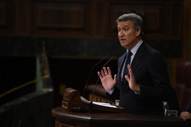 El presidente del PP, Alberto Núñez Feijóo, interviene durante una sesión plenaria, en el Congreso de los Diputados, a 7 de mayo de 2025, en Madrid (España). El presidente del Gobierno comparece en el Congreso para dar explicaciones sobre el aumento del g