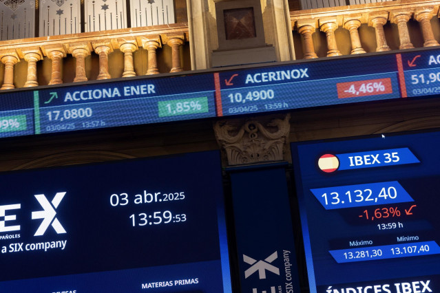 Archivo - Paneles del Ibex, en el Palacio de la Bolsa de Madrid, a 3 de abril de 2025, en Madrid (España).