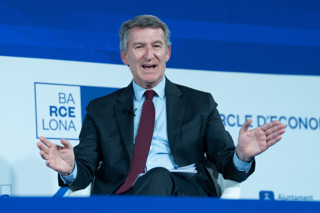 El presidente del Partido Popular, Alberto Núñez Feijóo, interviene durante a la 40 Reunió Cercle d'Economia, en el Palau de Congresos de Cataluña, a 6 de mayo de 2025, en Madrid (España). La edición de este año se celebra entre ayer y mañana, 7 de mayo,