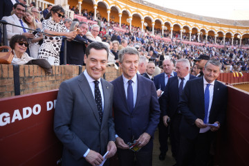 El presidente del PP, Alberto Núñez Feijóo, el presidente de la Junta de AndalucÍa, Juanma Moreno, y el consejero de presidencia , Antonio Sanz