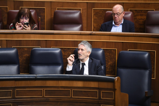 El ministro de Interior, Fernando Grande-Marlaska, interviene durante una sesión plenaria, en el Congreso de los Diputados, a 7 de mayo de 2025, en Madrid (España).