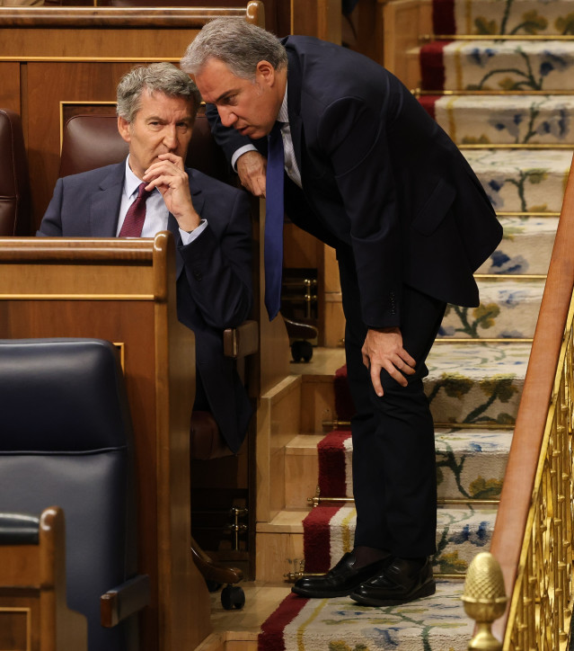El presidente del PP, Alberto Núñez Feijóo (i) y el vicesecretario General de Política Autonómica y Municipal y Análisis Electoral del PP, Elías Bendodo (d), durante una sesión de control al Gobierno en el Congreso de los Diputados, a 14 de mayo de 2025,