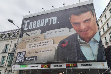 Hazte Oír despliega una lona frente al Congreso con una imagen de Pedro Sánchez acompañado del lema 