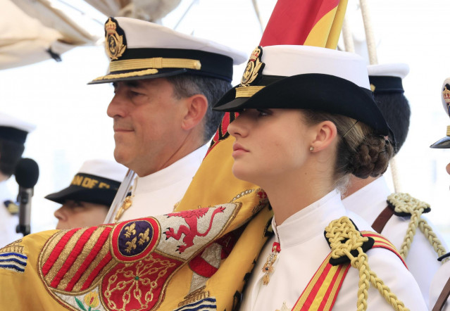 La Princesa de Asturias abandera la jura de Bandera a bordo del buque  'Juan Sebastián Elcano', a 10 de mayo de 2025, en Cartagena de Indias (Colombia).
