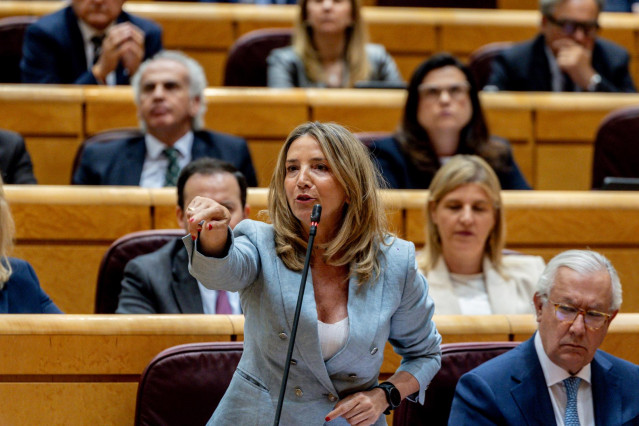 La portavoz del PP en el Senado, Alicia García, interviene durante una sesión de control al Gobierno en el Senado, a 6 de mayo de 2025, en Madrid (España).