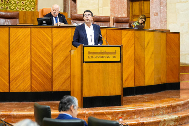 Archivo - El diputado del PSOE-A Mario Jiménez dirige una interpelación al consejero de la Presidencia, Antonio Sanz, en el Pleno del Parlamento andaluz. (Foto de archivo).