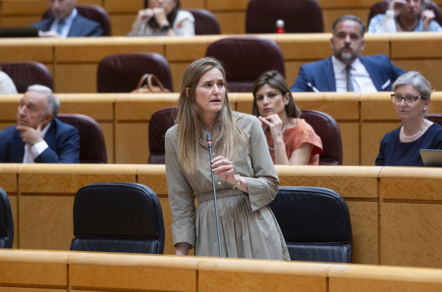 La vicepresidenta tercera y ministra para la Transición Ecológica y el Reto Demográfico, Sara Aagesen, durante una sesión de control al Gobierno en el Senado, a 27 de mayo de 2025, en Madrid (España). El Gobierno tiene que hacer frente hoy en el Senado a