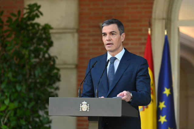 Archivo - El presidente del Gobierno, Pedro Sánchez, en una declaración institucional sobre el reconocimiento del Estado de Palestina, a 28 de mayo de 2024, en Madrid (España).