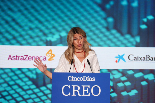 La vicepresidenta segunda y ministra de Trabajo y Economía Social, Yolanda Díaz, interviene durante la segunda jornada del foro CREO 2025, organizado por Cinco Días