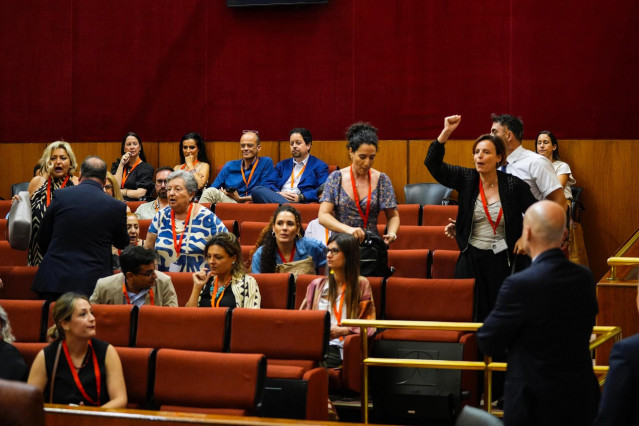 Mujeres protestan a favor del aborto en el salón de plenos del Parlamento andaluz.