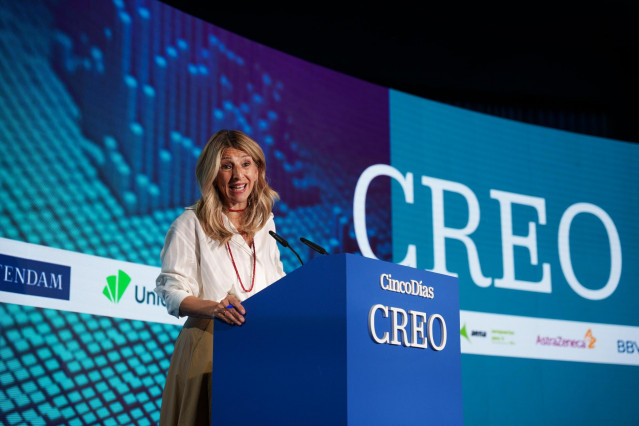 La vicepresidenta segunda y ministra de Trabajo y Economía Social, Yolanda Díaz, interviene durante la segunda jornada del foro CREO 2025, organizado por Cinco Días, a 29 de mayo de 2025, en Madrid (España).