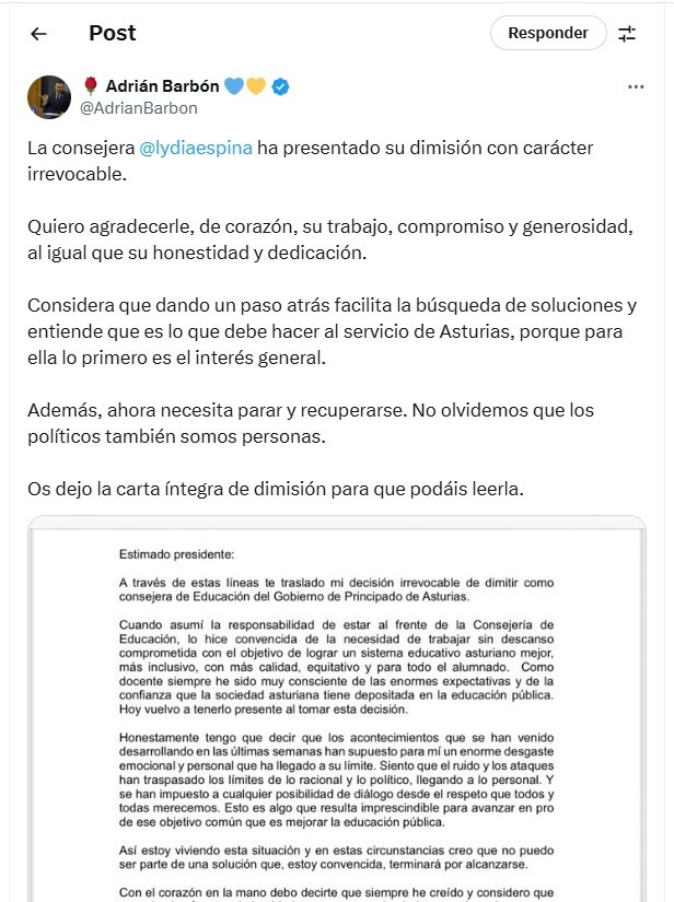 Reacción del presidente del Principado, Adrián Barbón, en su cuenta de X sobre la dimisión de la Consejera de Educación, Lydia Espina.