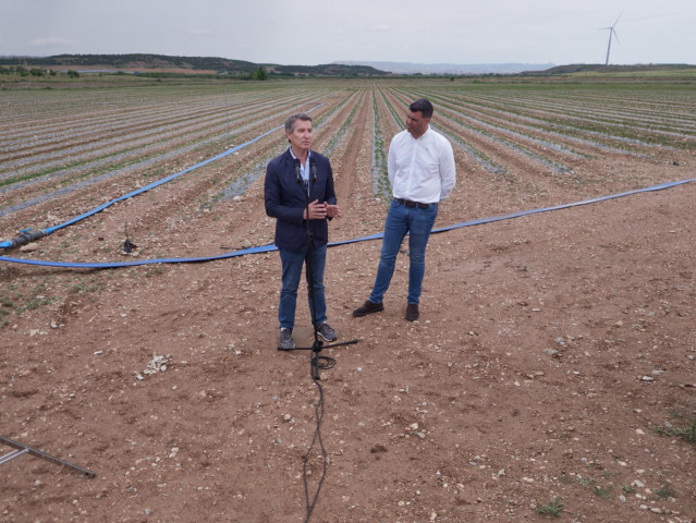 El presidente del PP, Alberto Núñez Feijóo, interviene junto al presidente del PPN, Javier García, tras visitar la empresa FHF Frutas y Hortalizas, a 3 de junio de 2025, en Fontellas, Navarra (España). Feijóo viaja a Navarra para visitar una empresa del s