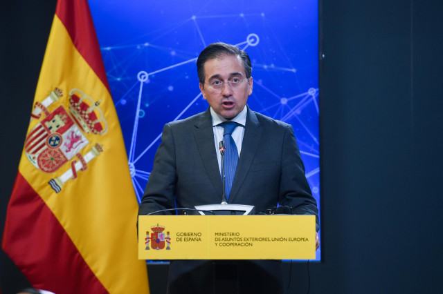 El ministro de Asuntos Exteriores, Unión Europea y Cooperación, José Manuel Albares, durante una rueda de prensa tras una reunión con el ministro Federal de Relaciones Exteriores de Alemania, el 26 de mayo de 2025, en Madrid (España).