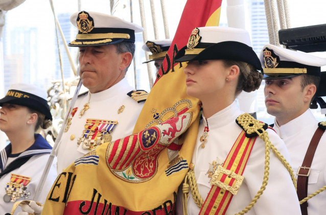 La Princesa de Asturias abandera la jura de Bandera a bordo del buque  'Juan Sebastián Elcano', a 10 de mayo de 2025, en Cartagena de Indias (Colombia).