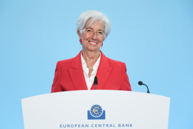 Photo of the ECB Governing Council Press Conference at the ECB in Frankfurt. President Christine Lagarde and Vice President Luis de Guindos present the latest monetary policiy decisions and asnwer questions from journalists, 05 June 2025