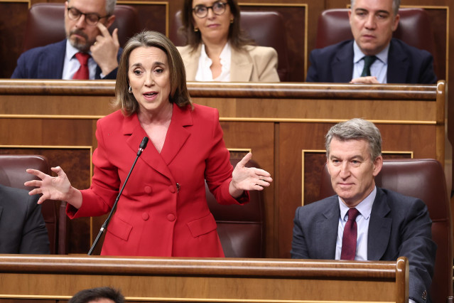 Archivo - La secretaria general del PP, Cuca Gamarra, interviene durante una sesión de control al Gobierno, en el Congreso de los Diputados, a 19 de marzo de 2025, en Madrid (España).