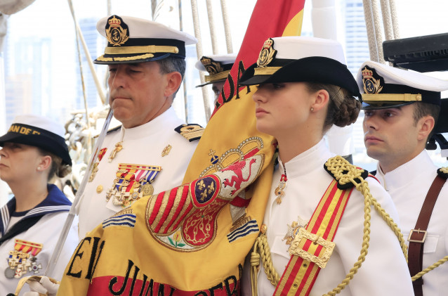 La Princesa de Asturias abandera la jura de Bandera a bordo del buque  'Juan Sebastián Elcano', a 10 de mayo de 2025, en Cartagena de Indias (Colombia).