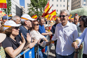 El presidente del PPdeG, Alfonso Rueda, en la concentración de este domingo en Madrid.
