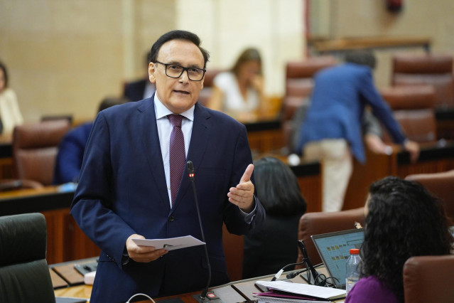 El consejero de Universidad, Investigación e Innovación, José Carlos Gómez Villamandos, durante su intervención en el Pleno del Parlamento andaluz.