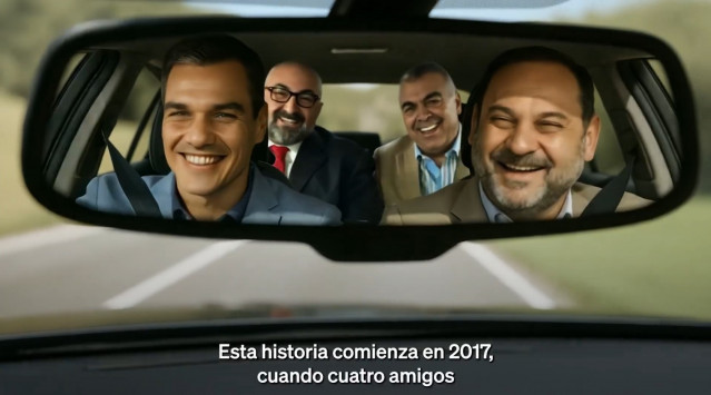 Imagen generada a través de Inteligencia Artificial (IA) por el Partido Popular en la que figuran Pedro Sánchez, José Luis Ábalos, Koldo García y Santos Cerdán dentro de un coche