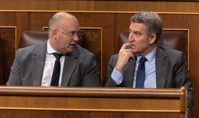 Archivo - El portavoz del PP en el Congreso, Miguel Tellado (i) y el presidente del PP, Alberto Núñez Feijóo (