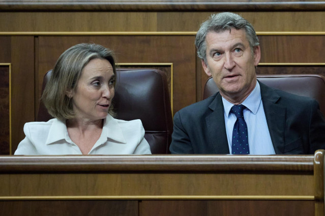 La secretaria general del PP, Cuca Gamarra, y el presidente del Partido Popular, Alberto Núñez Feijóo, durante una sesión plenaria en el Congreso de los Diputados, a 12 de junio de 2025, en Madrid (España). El secretario de Organización del PSOE aparece e