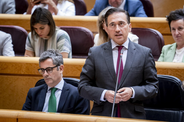 El ministro de Asuntos Exteriores, Unión Europea y Cooperación, José Manuel Albares, interviene durante una sesión de control al Gobierno en el Senado