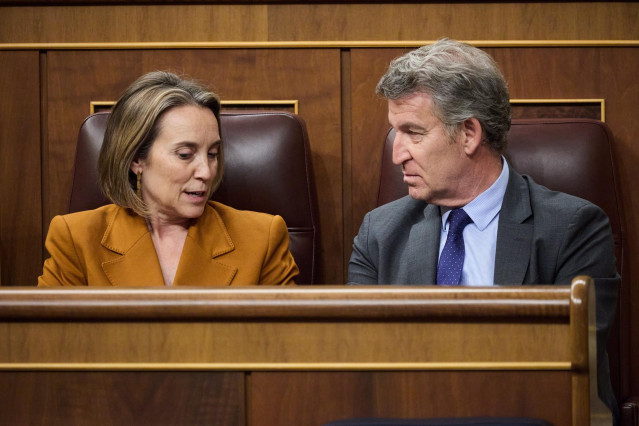 La secretaria general del PP, Cuca Gamarra y el presidente del PP, Alberto Núñez Feijóo, durante una sesión plenaria, en el Congreso de los Diputados, a 20 de mayo de 2025, en Madrid (España).