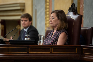 La presidenta del Congreso, Francina Armengol, durante una sesión plenari. Detrás, el secretario general, Fernando Galindo