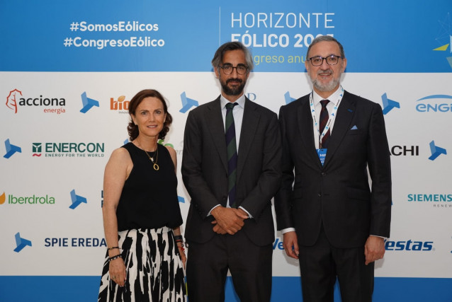 De izquierda a derecha en la imagen:  Rocío Sicre, presidenta de AEE; Miguel Rodrigo, director general de IDAE; Juan Virgilio Márquez, director general de AEE.