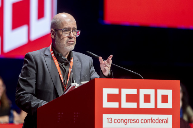 El secretario general de CCOO, Unai Sordo, interviene durante el 13º Congreso Confederal de CCOO, en el Marriott Auditorium Hotel & Conference Center, a 19 de junio de 2025, en Madrid (España).
