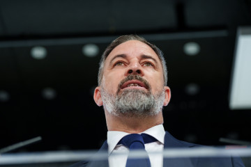 El presidente de Vox, Santiago Abascal, durante una rueda de prensa