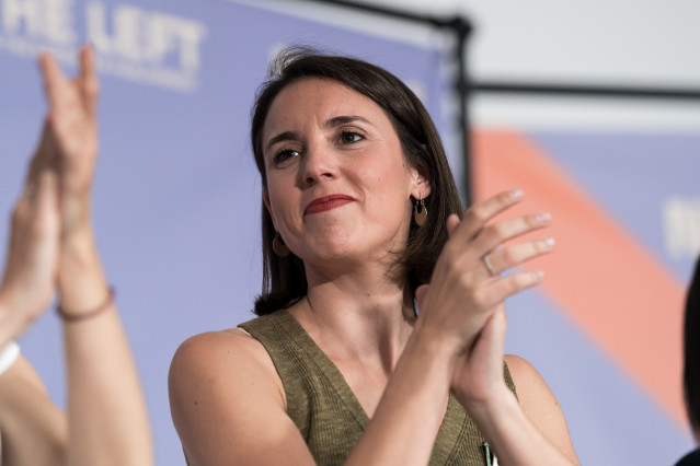 La eurodiputada de Podemos Irene Montero, durante el acto ‘A la guerra, que vayan ellos’ organizado por Podemos y el grupo The Left en el Parlamento Europeo, en el Espacio Próxima Estación, a 19 de junio de 2025, en Madrid (España).