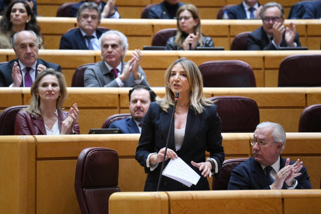 Archivo - La portavoz del PP en el Senado, Alicia García, durante una sesión de control al Gobierno, en el Senado, a 18 de marzo de 2025, en Madrid (España).