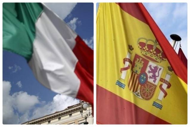 Archivo - Banderas de España e Italia
