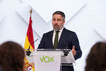 El presidente de Vox, Santiago Abascal, durante una rueda de prensa, en la sede del partido, a 23 de junio de 2025, en Madrid (España)