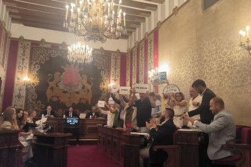 La oposición levanta carteles por la lengua valenciana en Alicante en el pleno del Ayuntamiento
