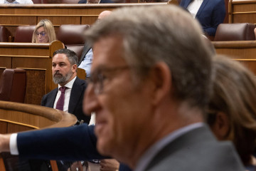 Archivo - El líder de VOX, Santiago Abascal (i), durante una sesión plenaria en el Congreso