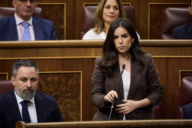 El líder de Vox, Santiago Abascal, y la portavoz de Vox en el congreso, Pepa Millán, durante un pleno en el Congreso de los Diputados, a 25 de junio de 2025, en Madrid (España).