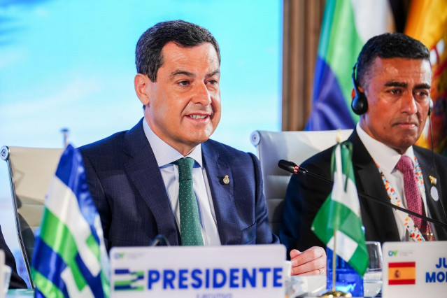 El presidente de la Junta de Andalucía, Juanma Moreno, en la inauguración de la 185ª reunión del Directorio del Banco de Desarrollo de América Latina y el Caribe (CAF).