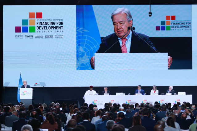 El secretario general de la ONU, Antònio Guterres, este lunes en Sevilla durante su participación en la sesión inaugural de la IV Conferencia Internacional al Desarrollo de este organismo.