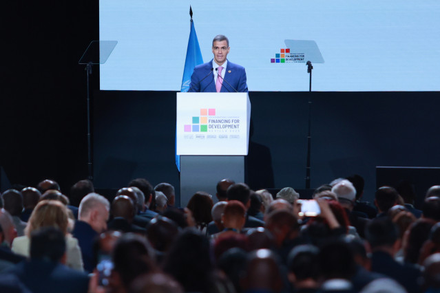 El presidente del Gobierno, Pedro Sánchez, durante la inauguración de la IV Conferencia Internacional para la Financiación al Desarrollo de la ONU. A 30 de junio de 2025, en Sevilla (Andalucía, España).