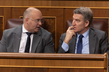 Archivo - El portavoz del PP en el Congreso, Miguel Tellado y el presidente del PP, Alberto Núñez Feijóo, interviene durante un pleno en el Congreso de los Diputados, a 12 de marzo de 2025, en Madr