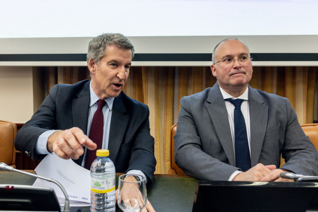 Archivo - El presidente del Partido Popular, Alberto Núñez Feijóo (i), y el portavoz del PP en el Congreso, Miguel Tellado (d), durante la jornada 'Contra la impunidad', en el Congreso de los Diputados, a 10 de febrero de 2025, en Madrid (España). La jorn